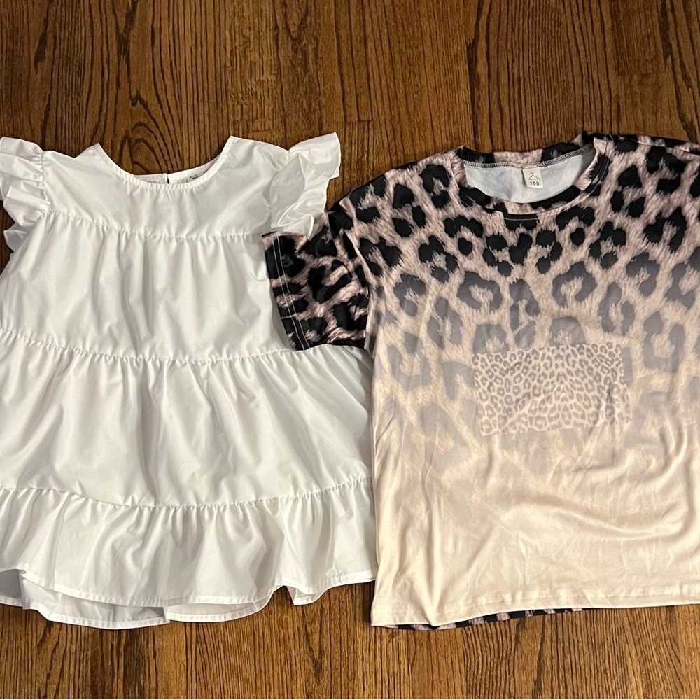 2 Shein girl’s tops-white blouse-size 12/13y, leopard tee-size 11/12y
